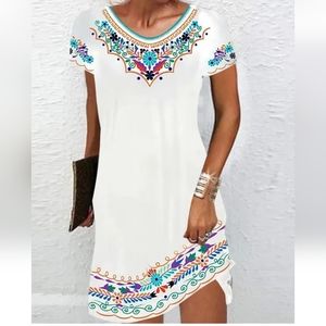 Boho Floral Short Sleeve T Shirt Dress Stretchy L/XL